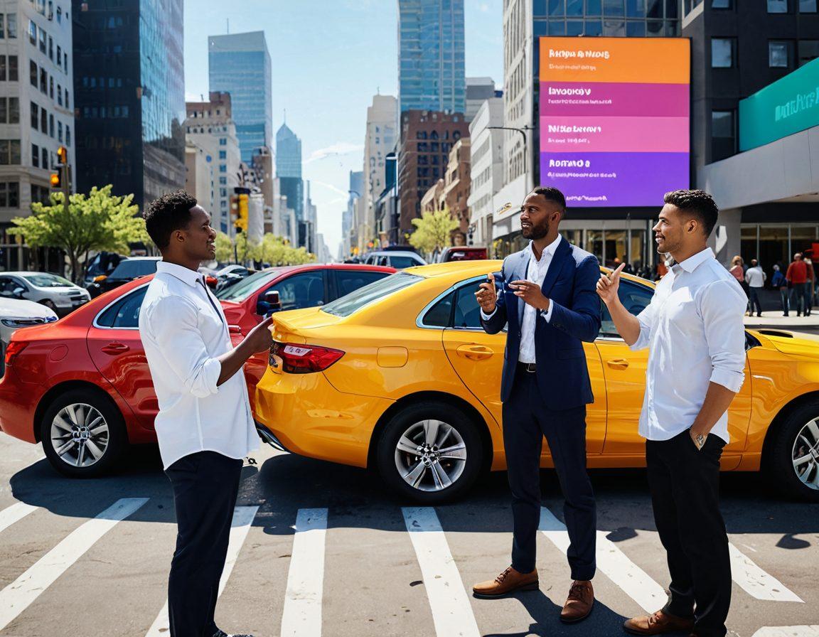 A diverse group of drivers examining various auto insurance policies with a backdrop of a cityscape. One person is pointing at a digital chart showing comparisons of insurance costs while another is reaching out to grab a highlighted budget-friendly option. The scene should convey collaboration and empowerment among the characters. Bright colors, sleek vehicles nearby, and an uplifting, engaging atmosphere to reflect financial savvy. super-realistic. vibrant colors. 3D.