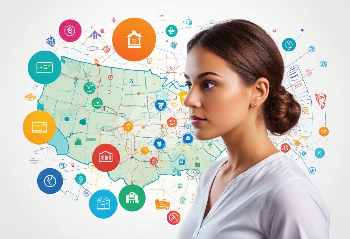 A savvy individual examining a digital map filled with colorful icons representing various insurance options like health, auto, and home. There are icons of coins and dollar signs indicating budget-friendly choices, with a compass overlay suggesting guidance. The background features abstract representations of financial concepts, giving a modern feel. vibrant colors. vector art. white background.