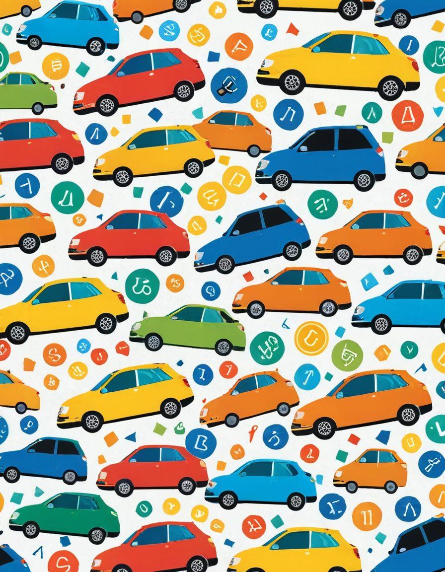 A vibrant collage of various affordable auto insurance icons, including cars, check marks, stacks of coins, and magnifying glasses, all floating around an open padlock symbolizing unlocked discounts. The background features a subtle road and highway pattern to emphasize the auto theme. Bright colors to capture attention and convey savings. vector art. vibrant colors. white background.
